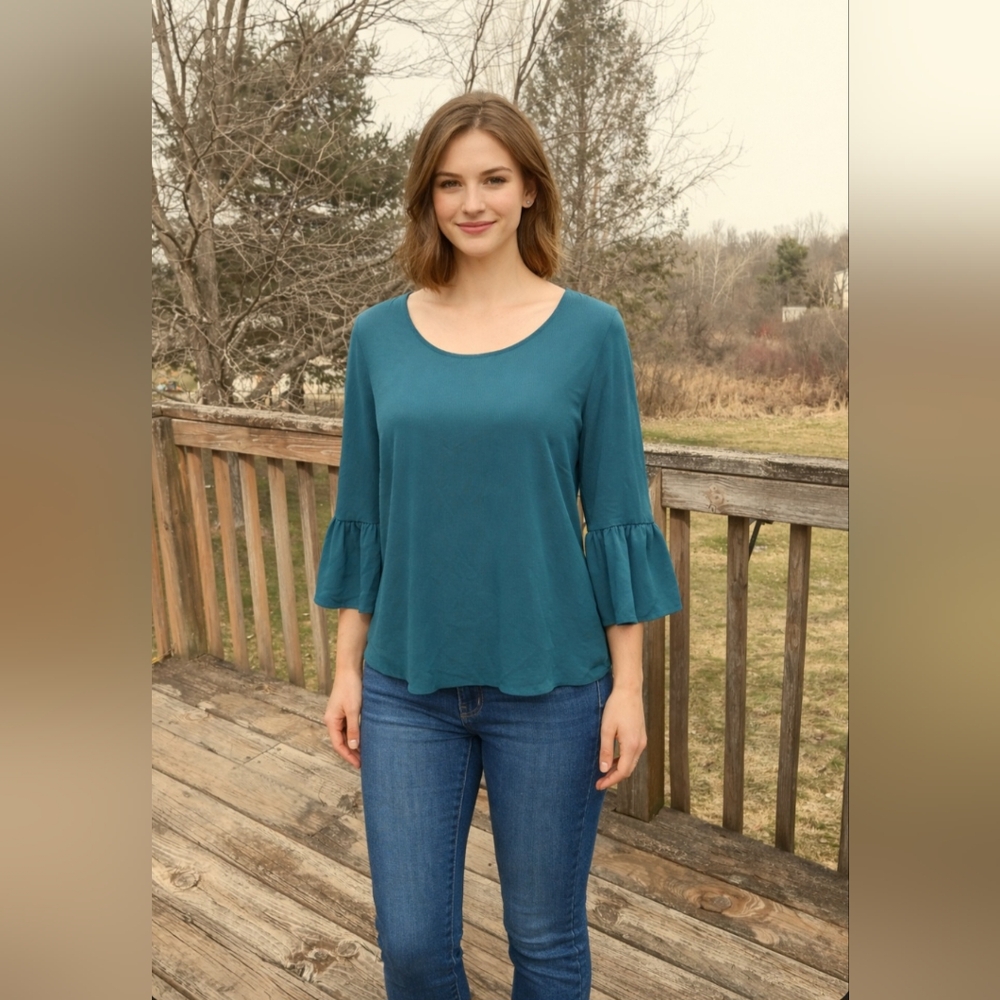Elle Teal Blue Bell Sleeve Boho Casual Chic Blouse Large
